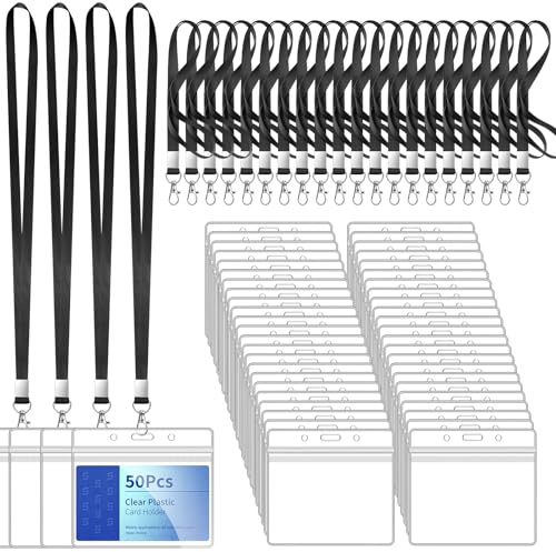 Newthinking 50 Pack Black Lanyards with Clear Plastic Card Holder