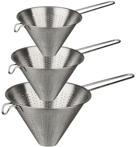 Spitzsiebset 3-teilig Ø 14 +18 + 24 cm - Küchensieb Edelstahl - Edelstahlsieb - Abtropfsieb - Poliert Metall Seiher - Spitzsieb Abtropfen Nudeln, Quinoa, Gemüse, Obst, Tee - Silber