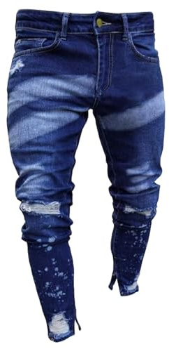 Herr Skinny Jeans Herr Slim Fit Skinny Jeans Slitna Rivna Stretchiga Vintage Denimbyxor Mörkblå Stor