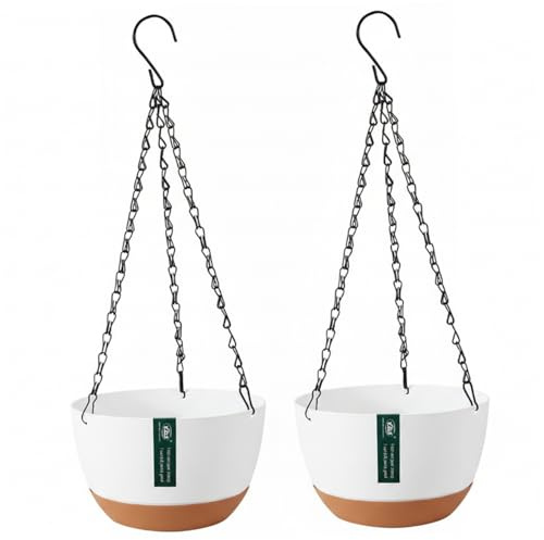 Takingup Confezione da 2 vasi da fiori sospesi da 10 pollici con irrigazione automatica con 2 tipi di ganci per piante da interno ed esterno bianchi, vaso sospeso