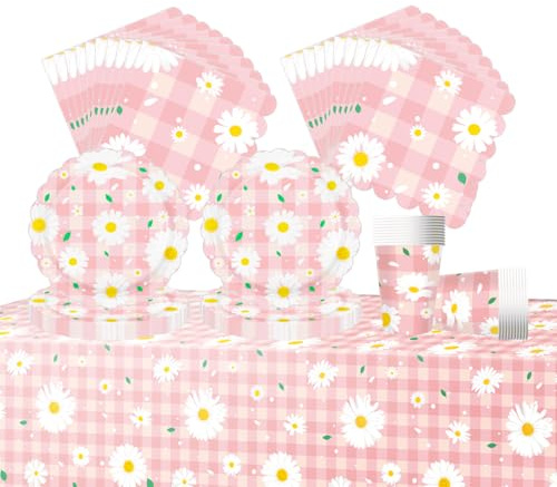 Fuwraixis Vajilla para fiesta de Flor de margarita, 61 piezas Daisy rosa Vajilla de cumpleaños, Tema floral Juego de platos de papel para fiesta, Incluye vasos, servilleta y mantele, Para 20 persona