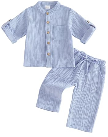 XIXIMAON Toddler Baby Boy Clothes Long or Half Sleeve Shirts and Pants Set | Adjustable Sleeve Tops Solid Color Button Up Cotton Linen Shirt Trousers Set Kids Two Piece Outfits Boys Summer Clothes