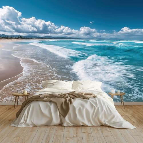 Mural de pared con imagen real de océano y playa, espuma azul, no tejida, póster decorativo, diseño moderno, 200 x 140 cm (ancho x alto) para dormitorio, sala de estar, decoración de pared