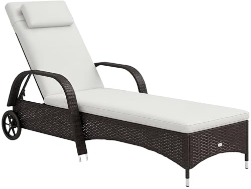 Outsunny Sonnenliege Polyrattan Gartenliege mit 5-Fach Verstellbarer Rücklehne, Polsterauflage, Rollen, Kissen, 160 kg belastbar Relaxliege Liegestuhl für Garten, 200x73x30-103cm, Kaffeebraun