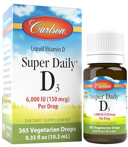 Carlson - Super Daily D3, 6000 IU (150 mcg) per Drop, Liquid Vitamin D3, 1-Year Supply, Non-GMO, Unflavored, 365 Vegetarian Drops (10.3 mL)