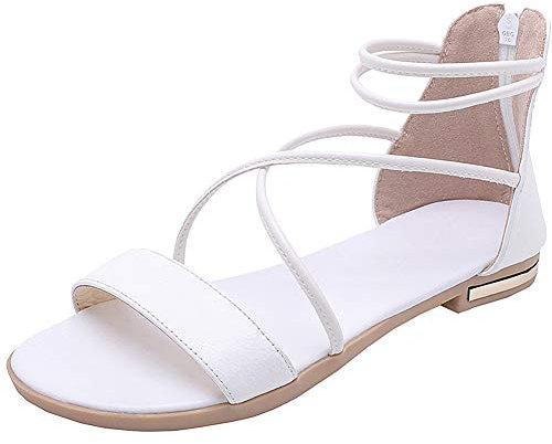 amropi Femme Été Bout Ouvert Croisé Bride Cheville Plates Sandales (Blanc,43 EU)