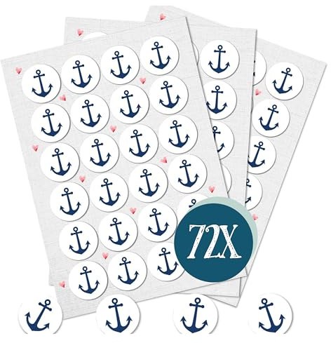 Aufkleber Anker, 72er Set: Maritime Sticker, Deko Sommer, Meer & Strand, Aufkleber Maritim, Dekoration für Karten, Geschenke & Party, Dekosticker Klein, Maritimdeko, Schiffsanker, Weiß/Blau, Ø 4 cm