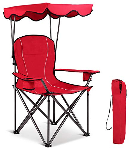 GOPLUS Campingstol med baldakin, vikbar och bärbar strandkorg, med armstöd och mugghållare, kan belastas upp till 130 kg, perfekt för camping, strand, trädgård, pool med mera (röd)