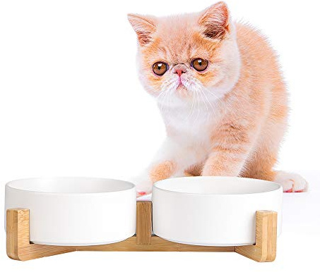 AHX Futternapf Katze 2er Set mit Holzständer - Doppelter Katzennapf Keramik für Wasser und Futter - Fressnapf Hund Klein - 2 x 480 ml