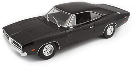Maisto Dodge Charger R/T (1969): Modellbil i skala 1:18, dörrar, motorhuv och rörligt bagageutrymme, styrbar, 24 cm, svart (531387B)