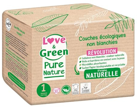 Love & Green Couches Écologiques Pure Nature 32 Couches Taille 1 Naissance (2 à 5 Kg)