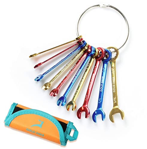 GOLD DEER 10 Pcs Color Plated Small Wrench Set Standard SAE 5/32-7/16 Extra Slim Spanners Mini Wrench Set Combination Wrench Set Open End and Box End Ignition Wrenches with Roll Pouch and Big Ring