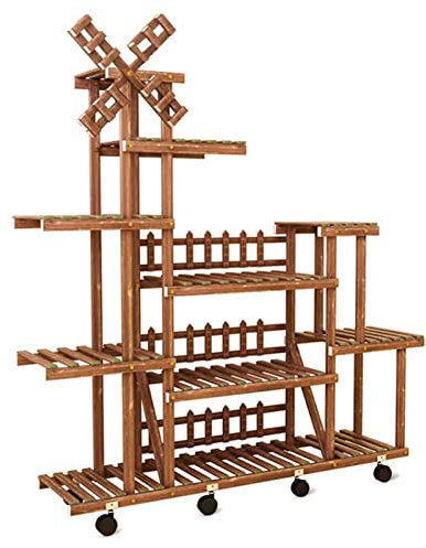 XJHOME Pflanzenständer, Indoor Outdoor-Pflanzenregal mit Zaun/Windmühle/Räder Wohnzimmer Balkon Innenhof Garten Pflanzenträger, Holzbetriebsanzeige 9 ters Blumenständer