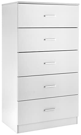 Baroni Home Cassettiera 5 cassetti in Nobilitato, Mobiletto da Camera da Letto o Soggiorno, Mobile Moderno Bianco 60x40x110 cm