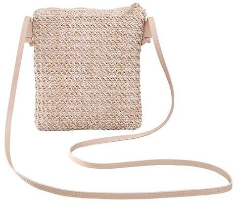 YFZCLYZAXET Strohtaschen Strandtasche Damenmode Strohtasche Rattan Gewebte Geldbörse Crossbody Messenger Bag Zopf Kleine Quadratische Handtasche Boho Beach Beige
