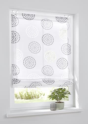 Kutti Raffrollo Ösenrollo Bella Ausbrenner Weiss anthrazit Bedruckt Kreis Motiv, incl. Fensterhaken (60 x 140 cm)