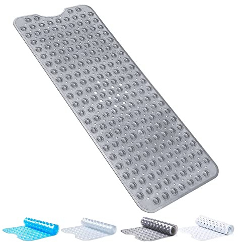 SOFTANA Non Slip Bath Mats with 200 Suction Cups - Shower Mat Non Slip Anti Mould for Bathroom & Bathtubs - PVC material 30% Extra Long Bath Mat - Machine Washable - 40x100 cm || Transparent Grey