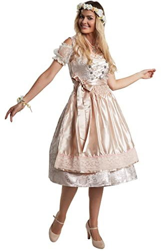 dressforfun Dirndl Damen Midi, Trachtenrock Trachtenkleid mit Schürze, halblanges Dirndlkleid mit Rüschen und Spitze, Trachtenmode Damen für Oktoberfest, mit Dirndl Bluse kombinierbar, beige/Silber