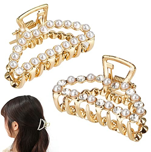 Rairsky 2 Pezzi Perle Mollettine Capelli Donna, Fermagli per Capelli in Metallo con Perle, Pinze per Capelli Eleganti per Ragazze e Donna, Pinza Capelli Antiscivolo Mollette per Capelli in Oro