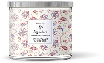 Woodbridge Duftkerze im Glas mit Deckel | White Peach & Oolong | Duftkerze Fruchtig | Kerzen 3 Docht | Kerzen lange Brenndauer (40h) | Geschenk für Frauen