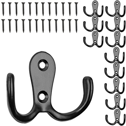 Haken zum Schrauben, 12 Stück, in Schwarz, Außen 54 x 40 x 15 mm, Doppelhaken inkl. Holzschrauben, Garderobenhaken für Tür, Bad, Küche, Flur, DIY Metallhaken, Mantelhaken, Huthaken, Wand Schraubhaken