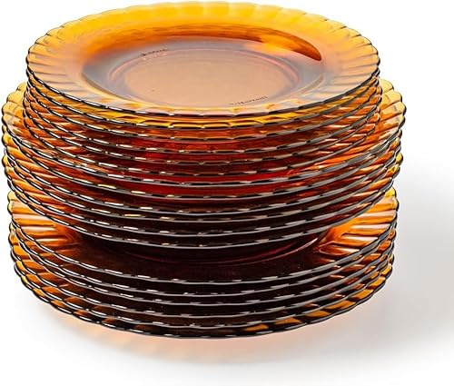 Duralex® Collection Le Picardie®| Glass Wavy Plate - Dinner 23 cl, Soup 23 cl & Dessert 20,5 cm |Set| Scratch Resistance, Dishwasher Safe, Microwave safee,Made in France (Amber, Set of 18)