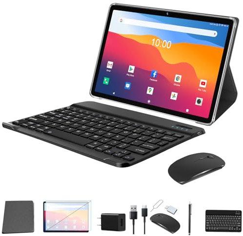 2024 Tablet 10 Zoll, 5G WiFi Android Tablet mit Tastatur Maus Stift, 128GB ROM+1TB TF, 1.8GHz Okta-Kern, 7000mAh,face ID 13MP+8MP Kamera, 1080P FHD Bluetooth 5.0, GMS|OTG|FM|Typ-c (Grau)