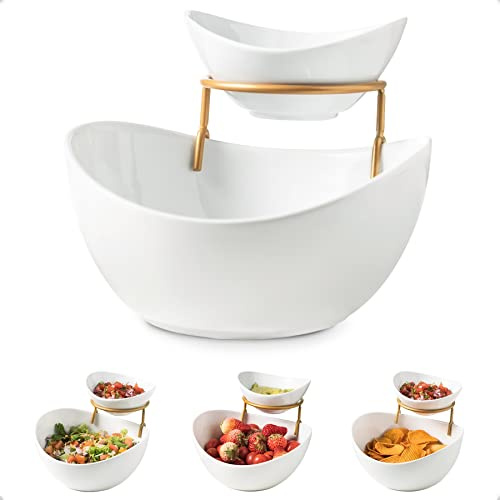 YHOSSEUN Chip- und Dip-Servierset, 2-stöckig, oval, Dip-Schalen mit Metallgestell für Vorspeisen, Dessert, Obst – Servierschalen für Party, Unterhaltung, Lebensmittel-Präsentation, Tortilla-Halter –