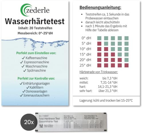 zederle 20 Stück Wasserhärte Teststreifen Testkit einzeln verpackt, Deutscher Härtebereich in dH°, Wasserhärte Test, Kalk Test, Gesamthärte Test - Messen in Trinkwasser, Pool, Teich, Aquarium