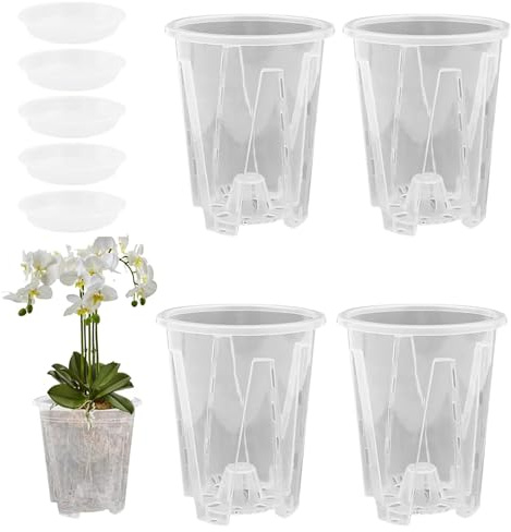5 Stück Klare Orchideentöpfe Transparente Kunststoff Orchideen Pflanztöpfe Orchideentopf Orchideen Blumentöpfe mit Drainageloch Atmungsaktiver Geschlitzter Orchidee Blumentopf Übertopf (12cm+Tablett)