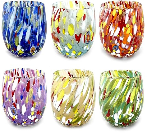 MAZZEGA ART & DESIGN 6 Wassergläser aus mundgeblasenem Glas mit raffiniertem und originellem Murano-Murrin – I colori di Murano – Modell „Colombina 290 ml“. (Farben mischen, 6)