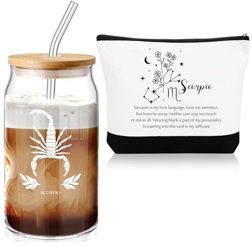 Sliner Set di 2 tazze di vetro con coperchi con segni zodiacali celesti, regalo per donne, 470 ml, con cannucce, oroscopo zodiacale, fiore, segno zodiacale, regalo di compleanno, regalo di Natale per