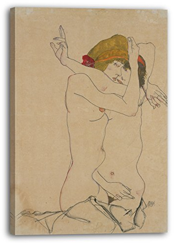 Printed Paintings Leinwandbild (20x30cm) Egon Schiele: Zwei Frauen umarmen sich, Leinwand auf Keilrahmen gespannt und fertig zum Aufhängen, hochwertiger Kunstdruck aus deutscher Produktion