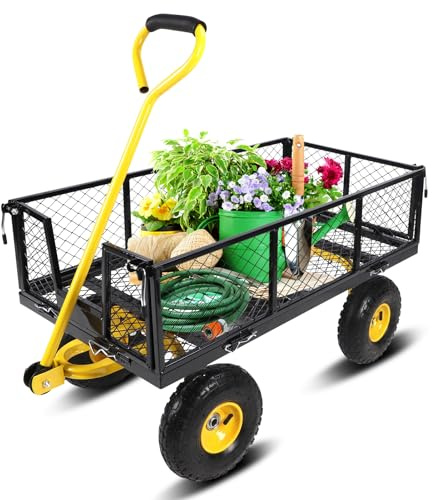 Heavy Duty Metal Festival Trolley With Folding Side Pull Along Mesh Gardeners Wagon Utility Trailer Cart for Outdoors Camping Plants - 900 lbs Loading