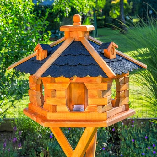 Deko-Shop-Hannusch Vogelhaus wahlweise mit Ständer und Solarbeleuchtung, Verschiedene Größen L - XXL, Futtersilo, wetterfestes Bitumendach (Größe riesig XXL, schwarz)