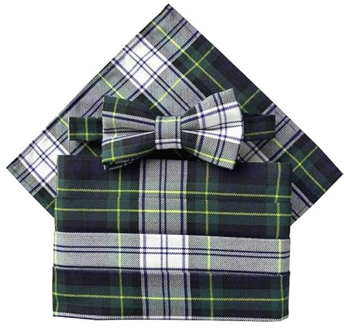 Gordon-Kleid, Kummerbund-Set für Herren, mit Fliege und Einstecktuch, Marineblau, Weiß, Grün, Gelb, Einheitsgröße