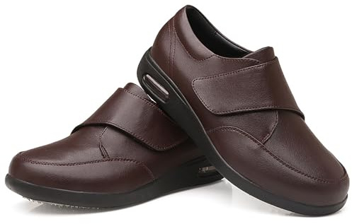 GYCF Zapatos para diabéticos, zapatos de cuero extra anchos para caminar, con cierre ajustable, antideslizantes, ligeros, ortopédicos, para ancianos, pies hinchados, pulgar, valgus, marrón, 42 EU