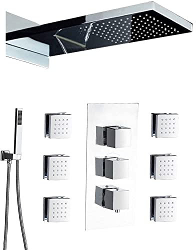 ASerZenith Duschsystem, thermostatisches Unterputz-Dusch-Kombi-Set, verchromtes Dusch-Mischbatterie-Set mit 6 Körperbrause mit Messing-Handbrause und 55 x 22 cm Wasserfall-Regenduschkopf