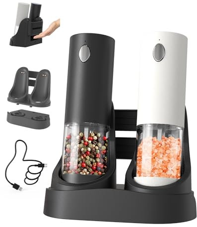 CIRCLE JOY Wiederaufladbare Elektrische Salz und Pfeffermühle 2er Set mit Doppelladestation, 95ml Transparenter Behälter, Extern Einstellbare Rauheit und Weißem LED-Licht, Schwarz-Weiß