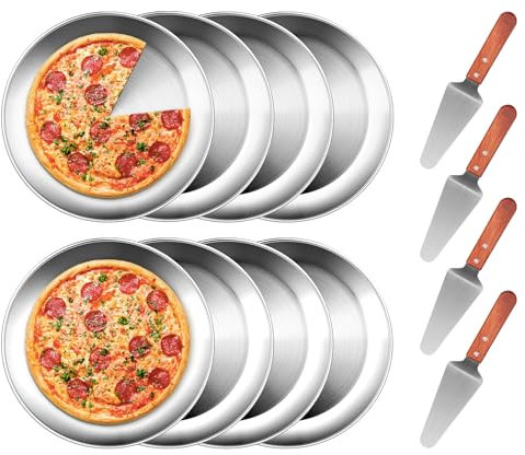 tchrules 12 Inch Pizza Pan Set of 8, Stainless Steel Pizza Tray, Round Non-Stick Coating Pizza Plate for Oven Kitchen Baking Home Restaurant, Dishwasher Safe （Silver）