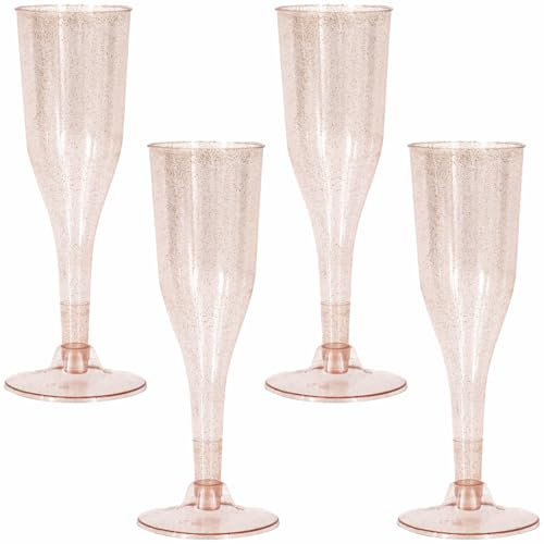 Unique Flute da champagne in plastica glitterata rosa e oro (25,4 x 5,1 cm), 4 pezzi, eleganti bicchieri usa e getta, perfetti per matrimoni, feste e celebrazioni