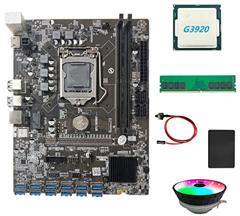 Qussedser Carte mère B250C BTC Miner + processeur G3920 ou G3930 + ventilateur RVB + DDR4 4 Go 2666 MHz RAM + SSD 128 Go + câble de commutation 12XPCIE vers USB 3.0 GPU fente pour carte graphique