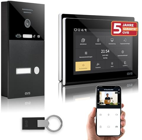 GVS IP Video Türsprechanlage mit Türöffner, RFID, 2X 7 Zoll Monitor & App | Smarte Video Türklingel mit Kamera und Monitor & App - Gegensprechanlage für 1 Familienhaus (AVS4285A)