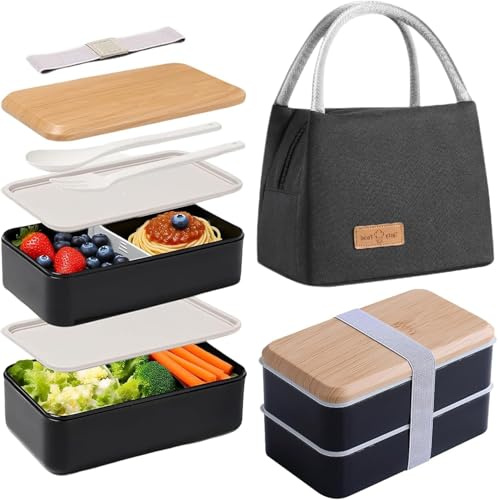 Aiuuee Porta Pranzo Lunch Box Kit, 1400 ml Portapranzo con Borsa Termica Porta Pranzo e Posate, 2 Scomparti Bento Box per Microonde Lavastoviglie, Ermetica Schiscetta Pranzo per Adulti Ufficio (Nero)