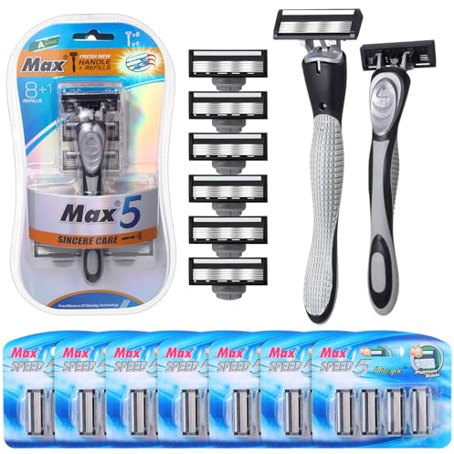 Wovnet Juego de 37 maquinillas de afeitar desechables recargables de 5 cuchillas para hombres, maquinillas de afeitar desechables para hombre, juego de maquinillas de afeitar recargables, 1 mango de