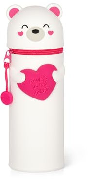 Legami - Kawaii 2-in-1 Schulmäppchen aus weichem Silikon, Teddy Bear-Thema, Stifthalter, Reißverschluss, Buntstifte, Marker, H 18,5 cm, White