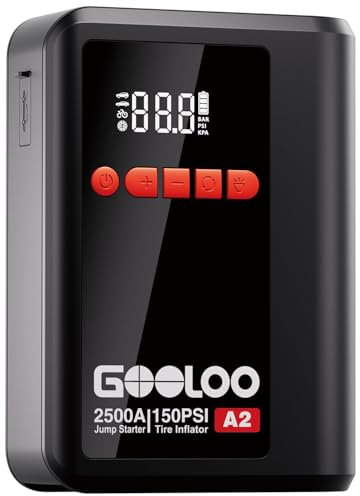 GOOLOO A2 8-in-1 Starthilfe Powerbank mit Luftkompressor, 2500A Auto-Starter (8L Benzin/6L Diesel), 150 PSI kabelloser Auto-Abschaltreifeninflator, 12V Lithium-Starterbatterie mit Starthilfekabeln