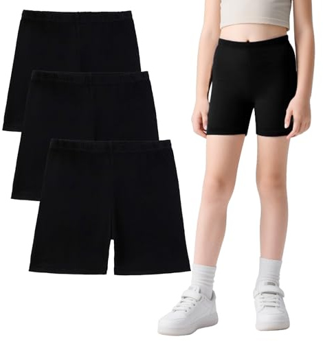 FILOWA Cycling Shorts Girls Teen 3 Pack Cotton Under Dress Shorts Cycle PE Dance Gymnastic Sports Leggings Breathable Stretchy Bike Pants Summer Running Short Trousers for Kids 12-14 Years, Black