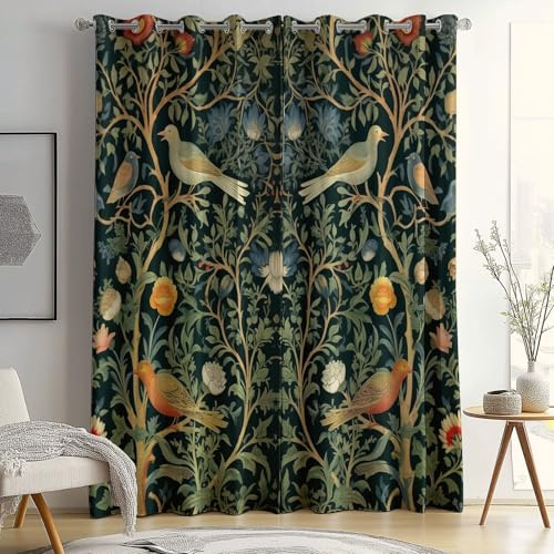Curtains Eyelet Blackout Thermal Insulated, Curtains William Morris Flowers Birds Print Pattern Soft Soundproof Privacy Window Drapes for Bedroom Living Room W 46 x L 72 (2 Panels), Dark Green