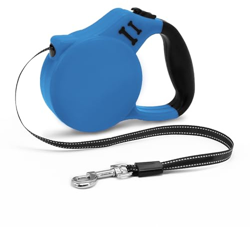 AIITLE 5 m ausziehbare Hundeleine mit 360° verwicklungsfreiem Nylonband, EIN-Knopf-Verriegelung, Anti-Rutsch-Griff – Entwickelt für Boston Terrier, Malteser, Pudel unter 15 kg, Blau